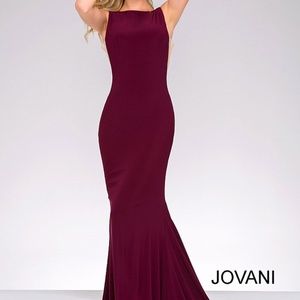 Jovani Burgundy Fitted Open Back Jersey Dress